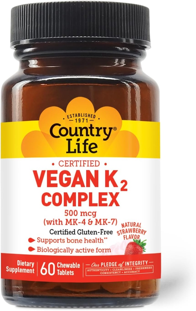 Country Life® Vegan K2-500 mcg, 60 Ct. Kautabletten. Strawberry Flavor - Certified Gluten Free - Certified Vegan von AVA – zur Unterstützung von Knochengesundheit