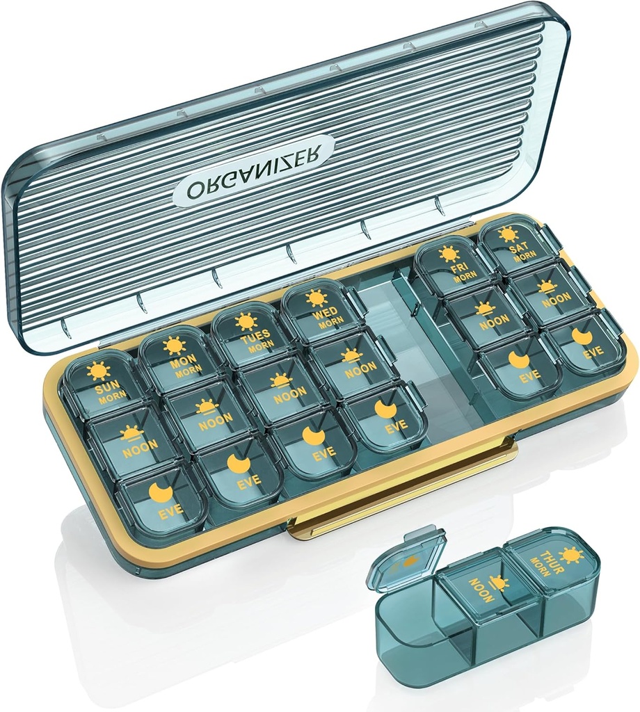 Pill Organizer 3 Mal A Day, 7 Tage Pille Box 3 Mal A Day - Acedada Wöchentliche Vitamin Box Organizer mit 7 separaten Behältern, Portable Daily Medicine Planner Case für Vitamin Fish Oil Supplement, Blau