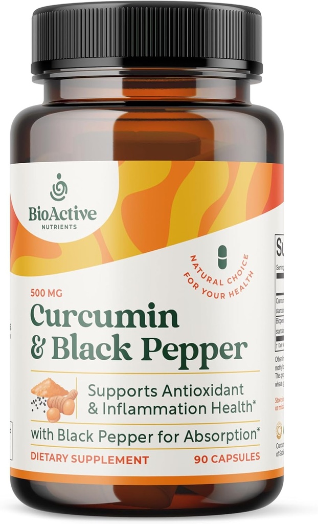 NUTRIENTS BIOACTIFS Curcumine avec poivre noir pour la meilleure absorption, 90 Capsules