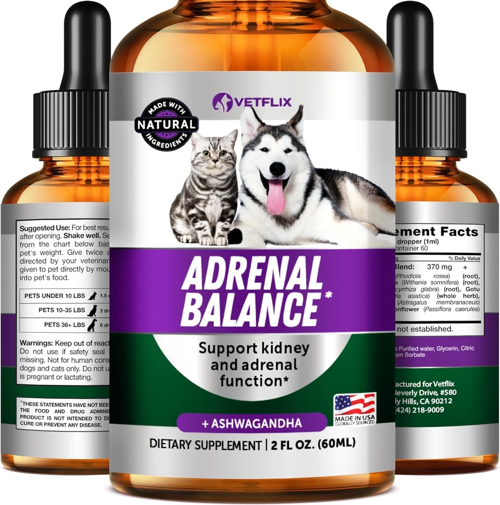 Pet Adrenal Support für Hunde & Katzen - Made in USA - Kissen Behandlung für Hunde - Cat & Dog Supplement für Nierenunterstützung - 2 Fl Oz