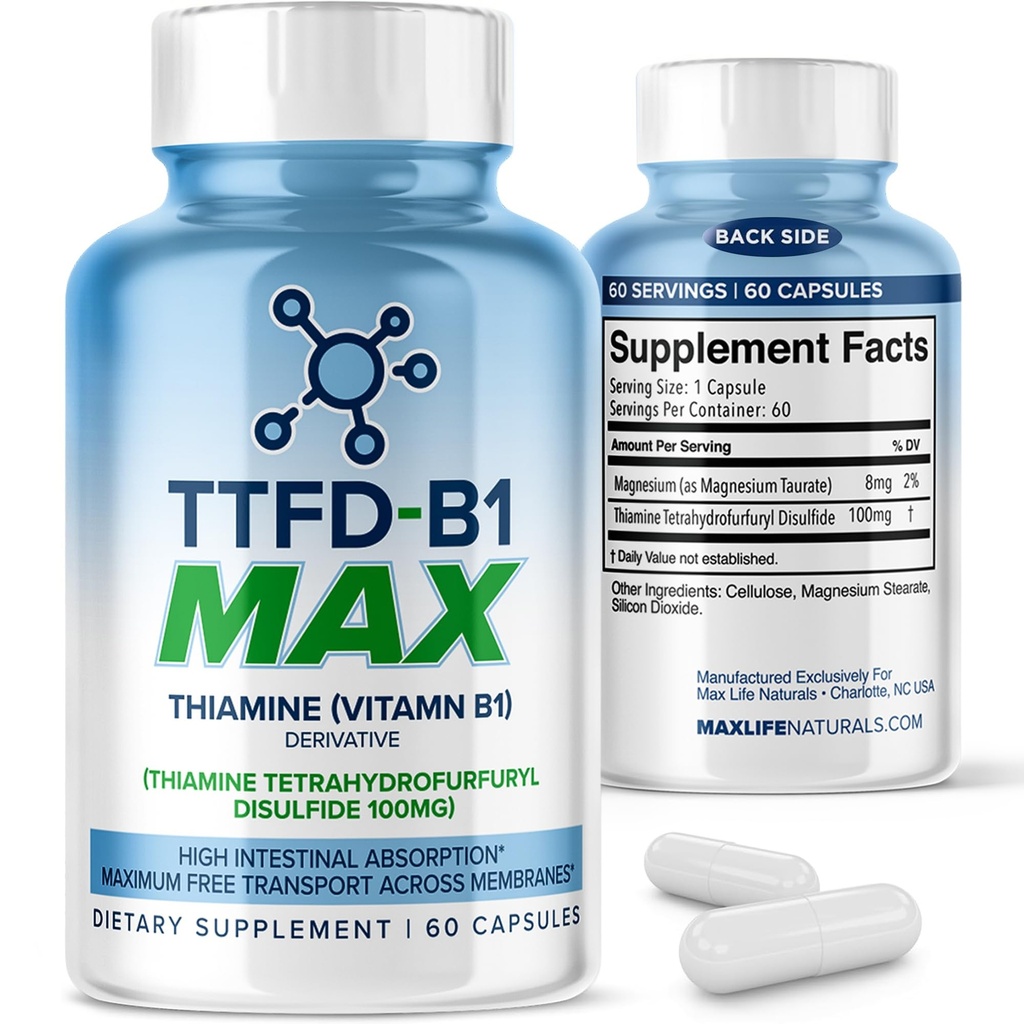 TTFD Thiamine B1 Supplement 60Capsules Made in USA- Thiamine TTFD Vitamin B1 MAX, High-Potency Supplement for Energy & Focus, unterstützt gesünde Nerve-Funktion & Gesamt-Wellness von MaxLife Naturals