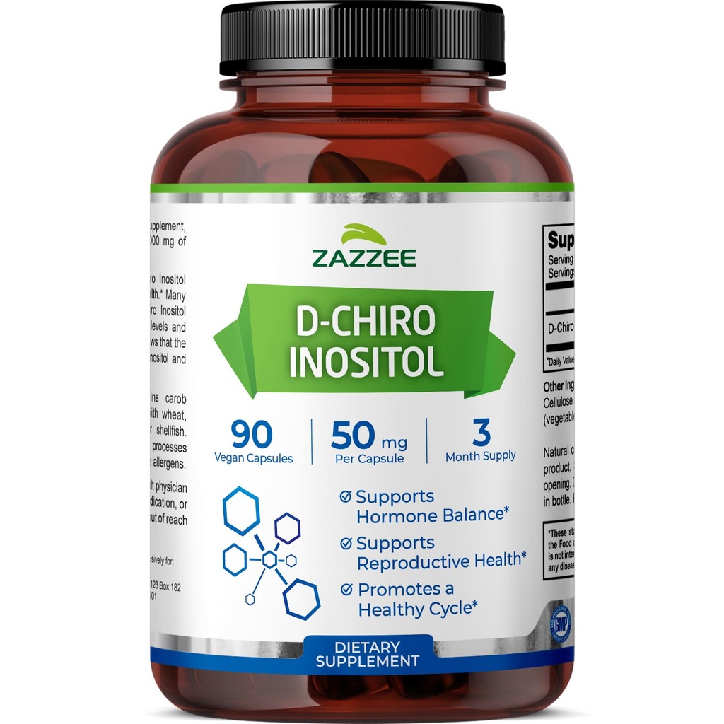 Zazzee D-Chiro-Inositol, 50 mg par gélule, 90 capsules véganes, dosage idéal pour le rapport 40:1 avec le Myo-Inositol, approvisionnement de 3 mois, 100% végétarien, non-OGM