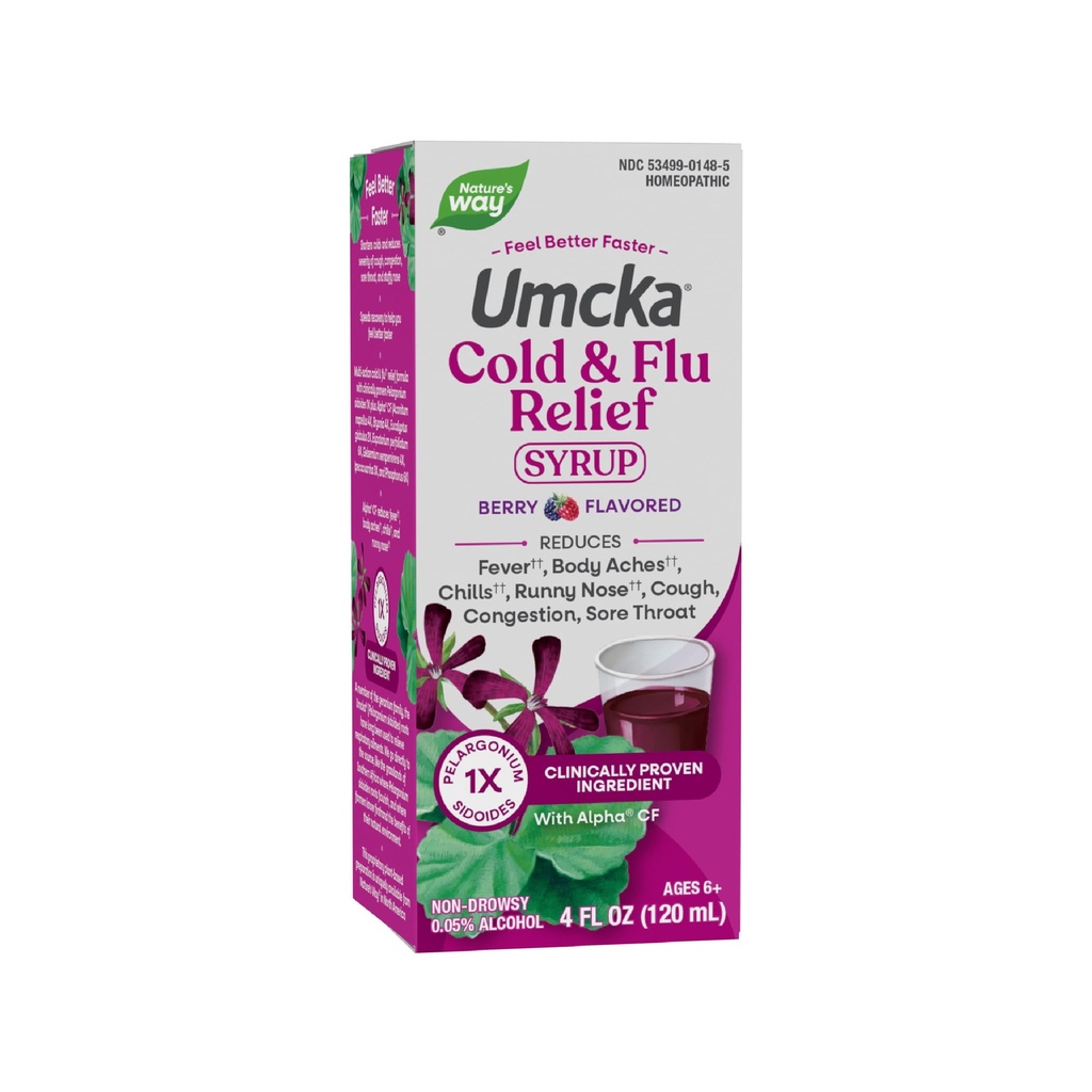 Nature's Way Cold+Flu Relief Syrup, Umcka, Fever*, Sore Throat, Cough, Congestion, Body Aches*, Homöopathic, Phenylephrine Free, 0.05% Alkohol, Berry Flavored, 4 Fl Oz (Packaging May Vary)