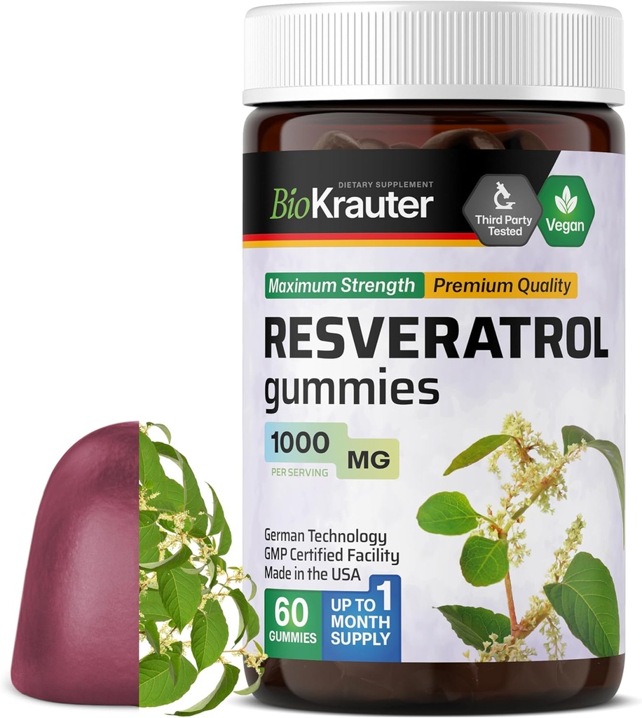 BIO KRAUTER Resveratrol Gummie - 1000 mg Stärke - 60 Vegan Chews - 98% Pure Trans Resveratrol Supplement - Antioxidans Support