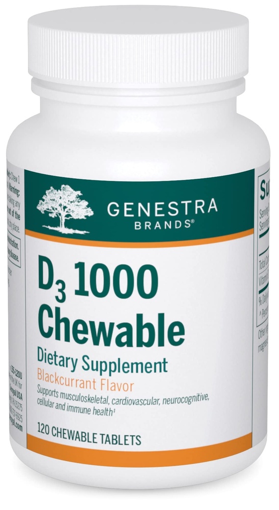 Genestra Marken D3 1000 Kaubare | Vitamin D Ergänzung | 120 Kaubare Tabletten | Natürliche schwarze Johannisbeeren Geschmack