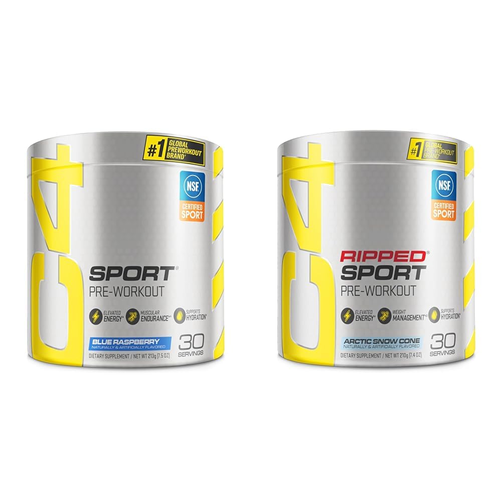 Cellucor C4 Sport Pré entraînement Poudre bleue framboise pour sport 30 portions et C4 Ripped Sport Préentraînement Poudre Arctic Snow Cone - NSF certifié pour le sport + supplément d'énergie préentraînement sans sucre