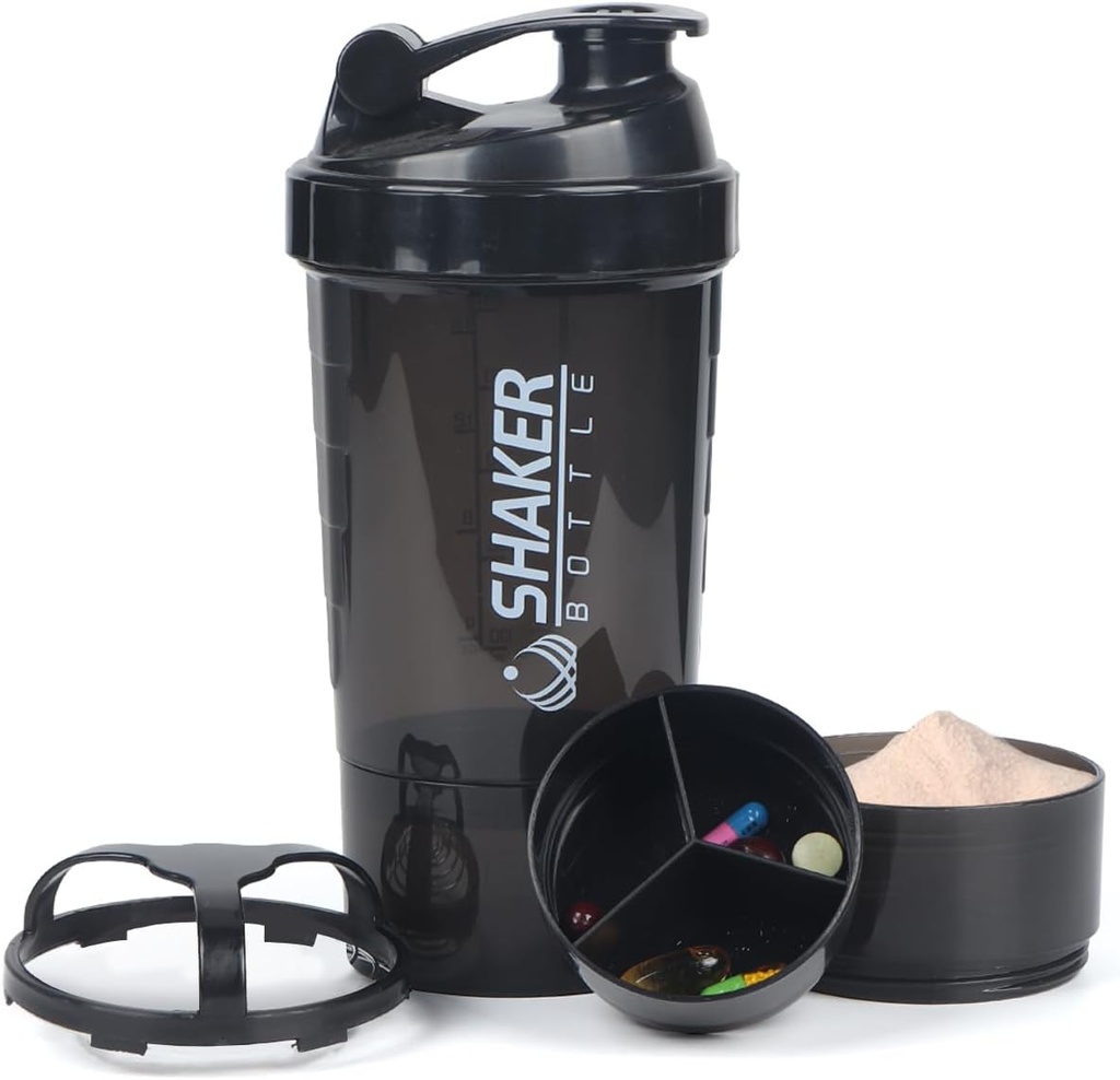 Protein Shaker Bottle,16 oz Shake Cup für Proteinpulver mit Lagerung,Sports Wasserflasche, Non Slip 3 Layer Twist Off 3oz Cups mit Pill Tray Leak Proof Shake Flaschen für Proteinmischungen