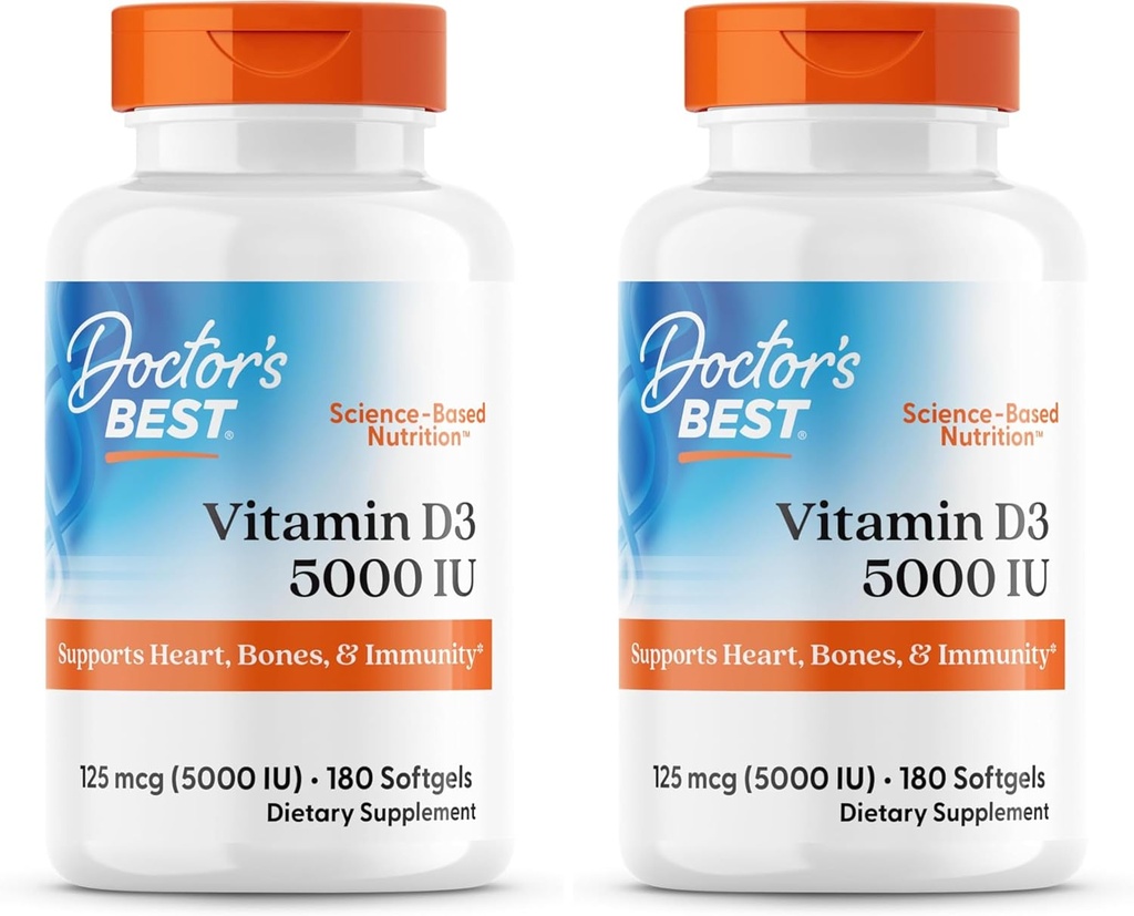 Doctor's BEST Vitamin D3 5000IU, Non-GMO, Gluten & Soy Free, Regulate Immunfunktion, Unterstützt gesunde Knochen, Weiß, Kein Geschmack, 180 Count (Pack von 2)