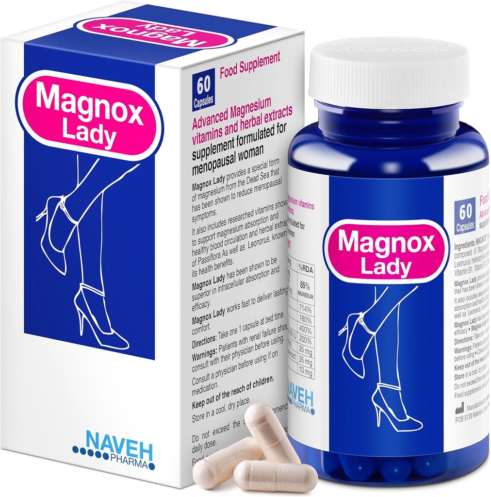 MAGNOX® Lady Magnesium Supplement | Menopause und PMS Support Supplement für Damen | Magnesium Complex mit Vitaminen B6, B1, B12, D, Zink | High-Absorption Dead Sea Organic | 60 Vegetarische Kapseln