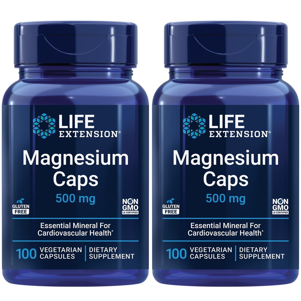 Life Extension Magnesium Caps, 500 mg, Magnesium Succinate, Herzgesundheit, Gesunde Knochen, Stoffwechselunterstützung - Paket von zwei - 2 x 100 vegetarischen Kapseln