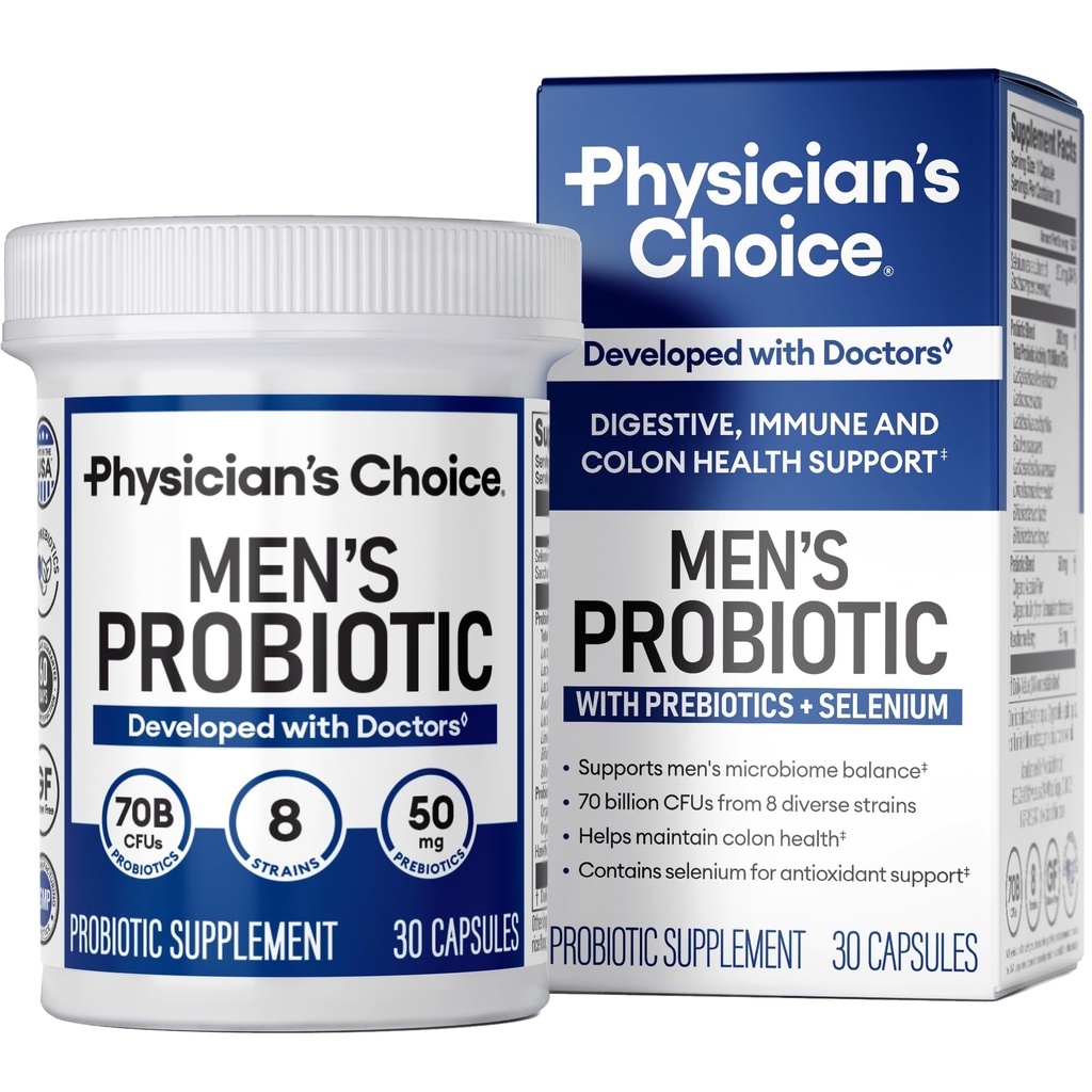 Physician's Choice Probiotics for Men - 70 Billion CFU - 8 Strains - w/Selenium & Organic Prebiotics - Unterstützt Verdauungs-Gesundheit, Microbiome, Colon, & Immune Health - Advanced Men's Probiotic - 30ct