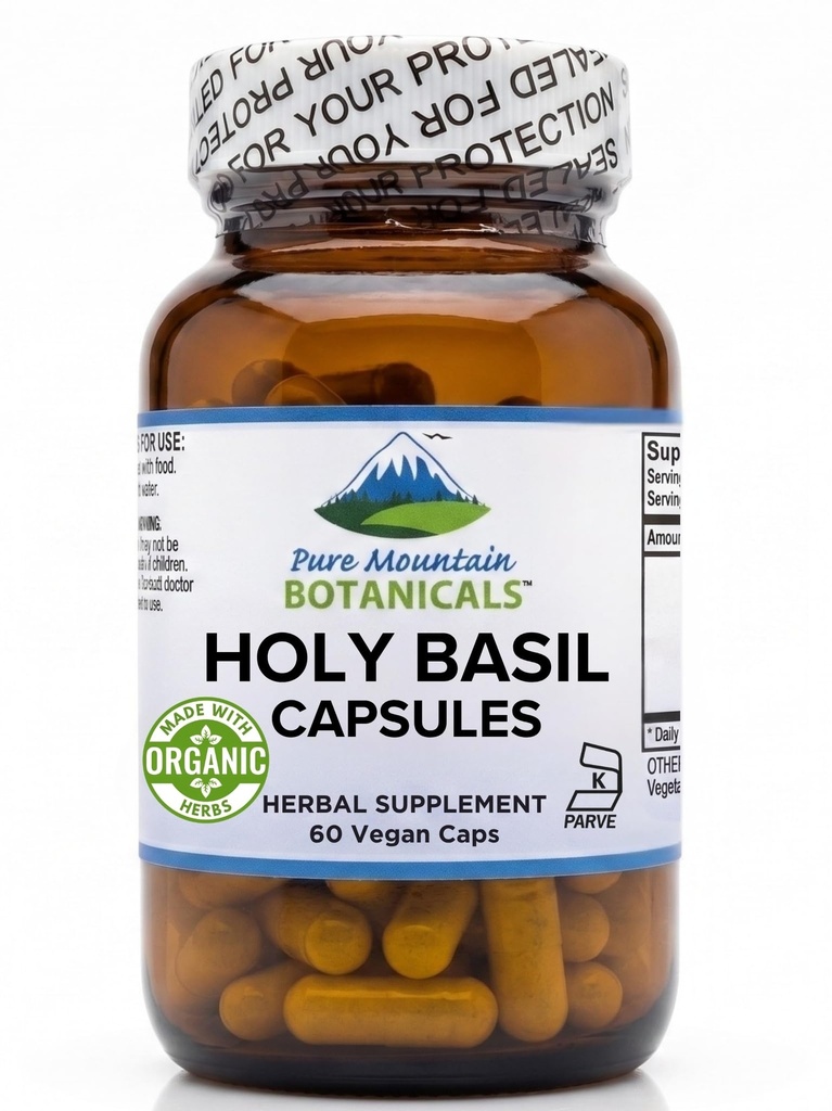 Pure Mountain Botanicals Holy Basil Capsules - Kosher Vegan Caps mit 450mg Bio Heilige Basil Tulsi & Heilige Basilikum Extrakt aus Indien