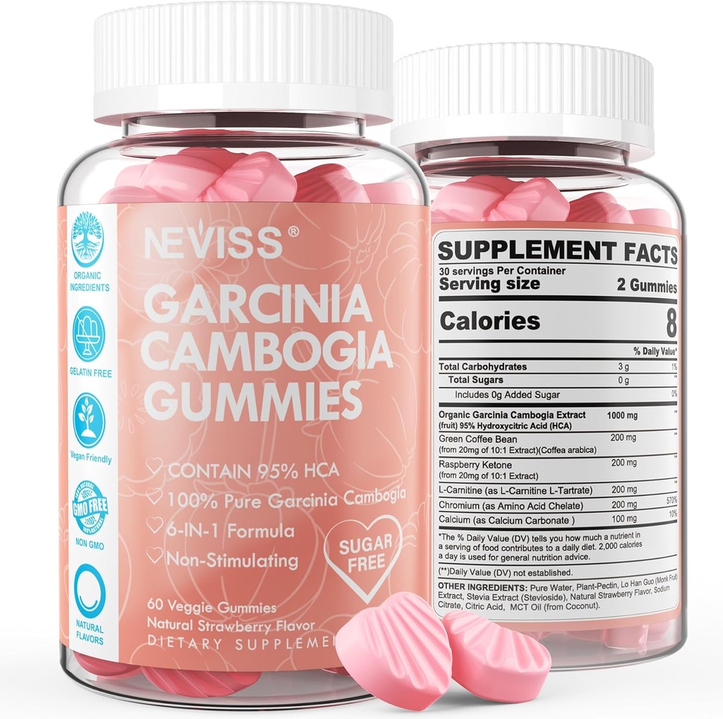Sugar Free Garcinia Cambogia Gummies 1000mg 95% HCA with L-Carnitine, Raspberry Ketone, Chromium, Green Coffee Bean for Metabolism, Energy Boost, 100% Organic Extract, Vegan, Strawberry Flavor 120 Cts