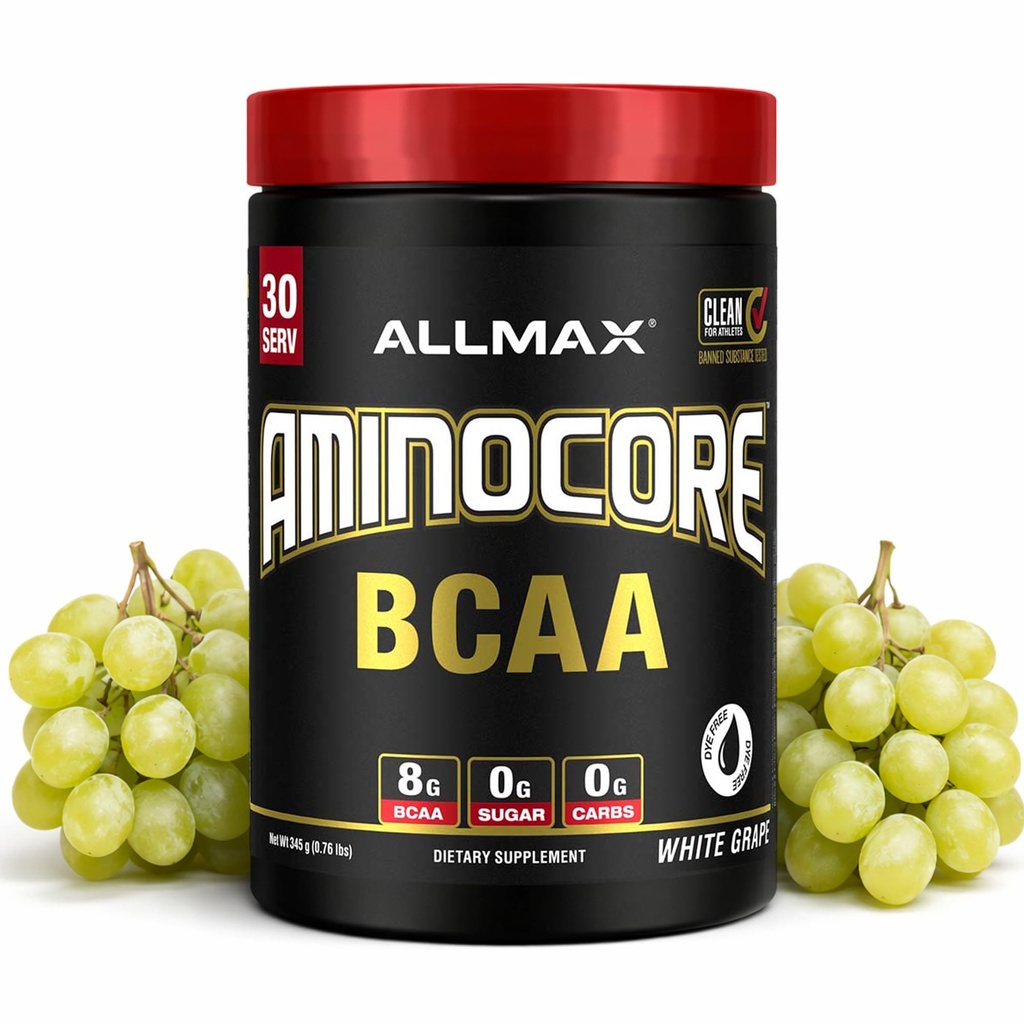 ALLMAX Nutrition AMINOCORE BCAA Powder, 8.18 Gramm Aminosäuren, Intra und Post Workout Recovery Drink, Glutenfrei, Weißer Trauben, 315 g