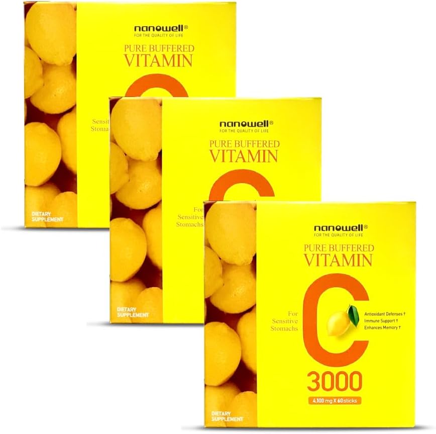 NANOWELL Pure Buffered Vitamin C 3000 mg pro Servierung, Nahrungsergänzung für Immununterstützung - 60 Sticks x 3 Boxen, 6 Monate Versorgung (180 Count)