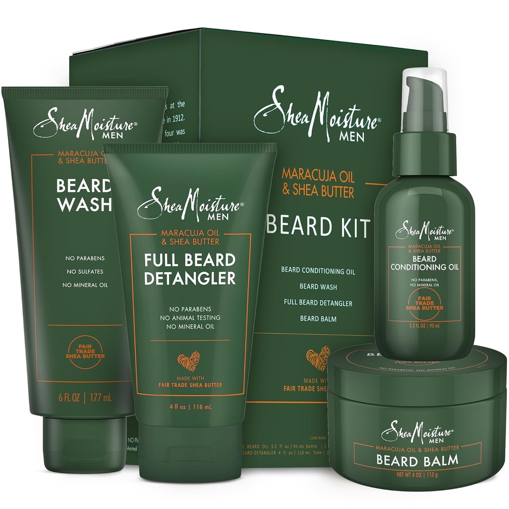 SheaMoisture Beard-Care Kit für Männer, beinhaltet Wash, Balm, Öl, Conditioner, natürliche Shea Butter & Maracuja Öl, Großes Geschenk