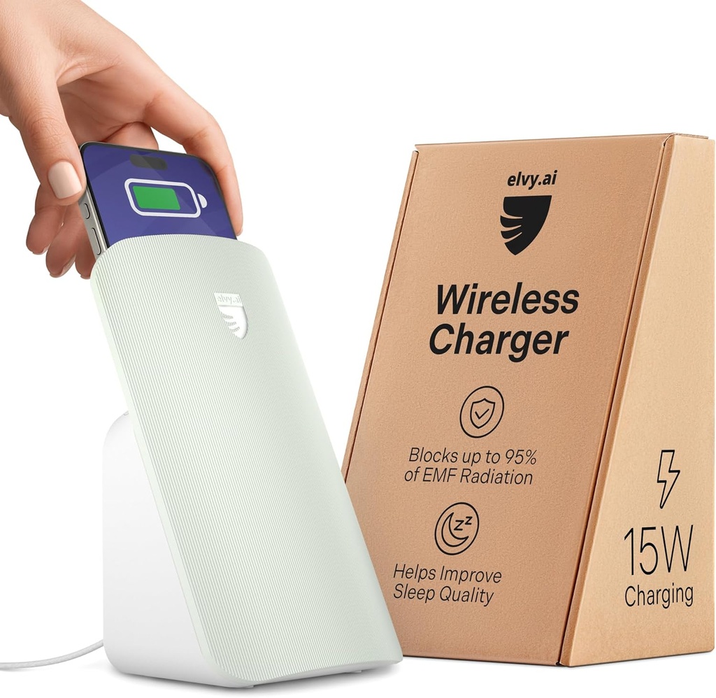 Elvy Fast Qi Wireless Charger for Cell Phones - Designed with EMF Management Technology for Enhanced Charging, Advanced Environmental Shielding, Lab Tested by Ordos Tech, 2023 (Mint Green)