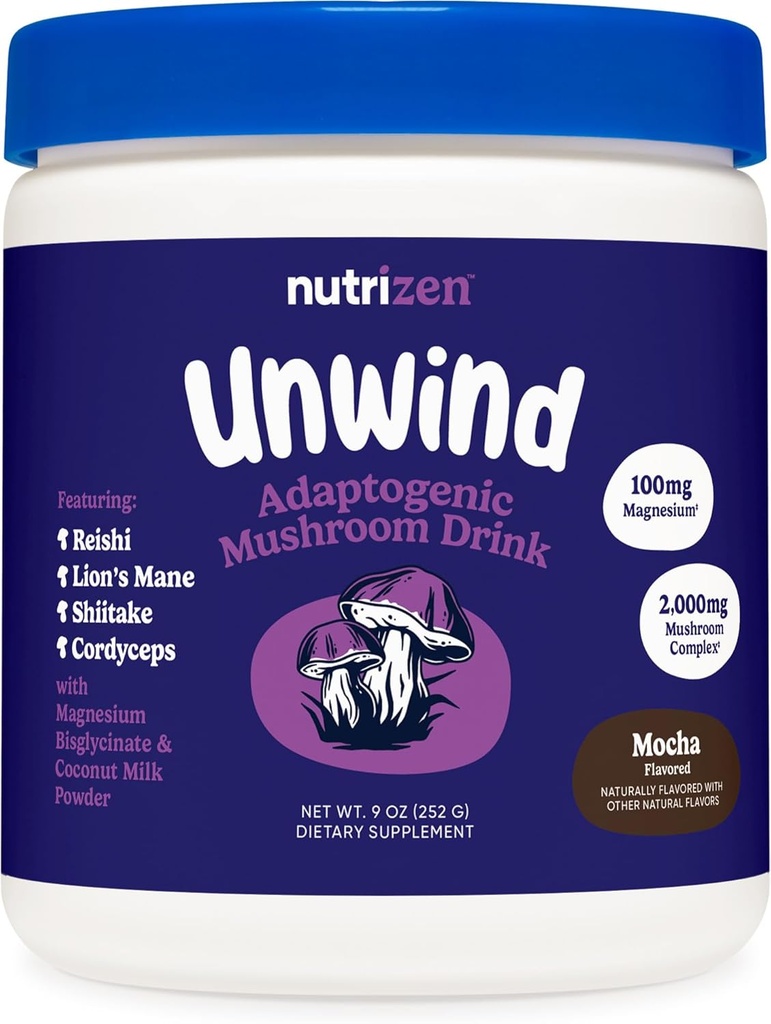 Nutricost Nutrizen PM Unwind Drink de champignons adaptogènes (Mocha aromatisé) 30 portions - Comprend Reishi, Lion's Mane, Shiitake, Cordyceps