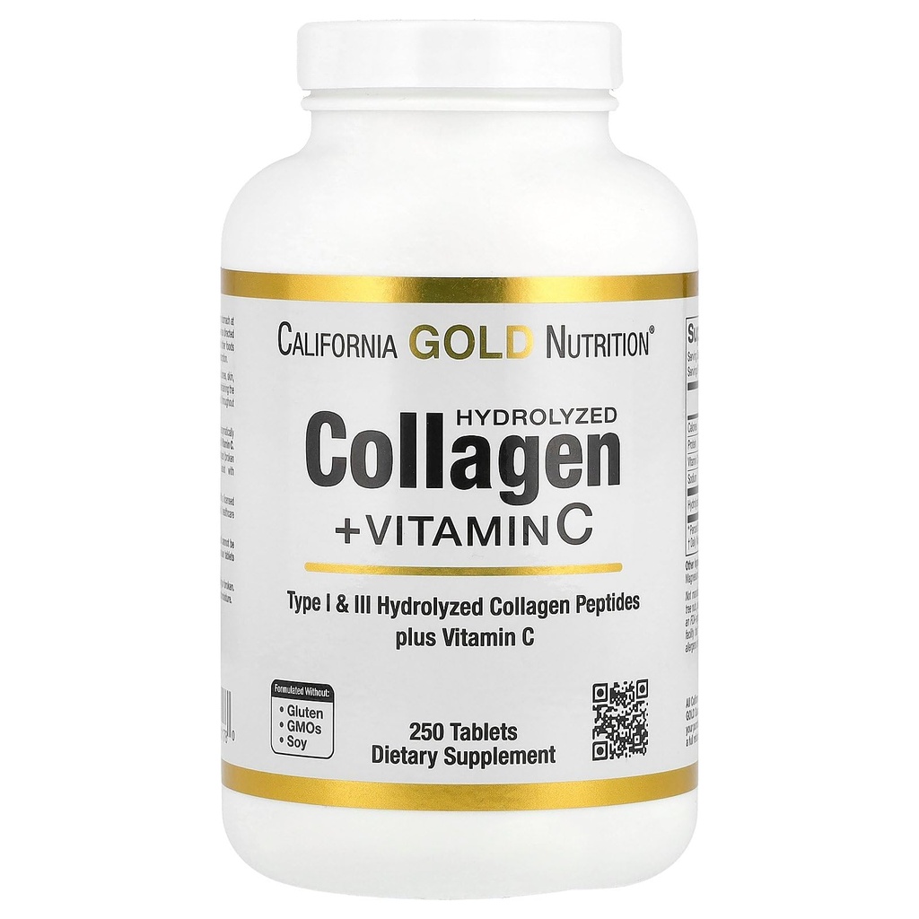 California Gold Nutrition Hydrolysierte Collagen Peptide + Vitamin C Unterstützung für Haare, Haut, Nägel, Gelenke, & Knochen - Mit Typ I & III Collagen Peptide - Glutenfrei, Non-GMO - 250 Tabletten