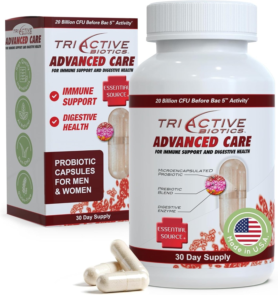 Essential Source TriActive Biotics Advanced Care - 20 Billion CFU Probiotics für Verdauungs-Gesundheit, Immununterstützungsergänzung, mikroverkapselte Probiotika für Frauen und Männer, 30 Ct Kapseln
