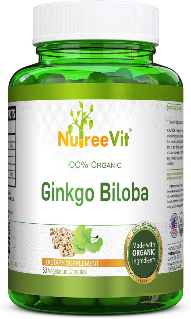 NutreeVit 100% Bio Ginkgo Biloba Kapseln - Unterstützt Gehirngesundheit, Psychische Alertität, Zirkulation und erhöht Gedächtnis - Organisches Antioxidans - 100 Count Bottle