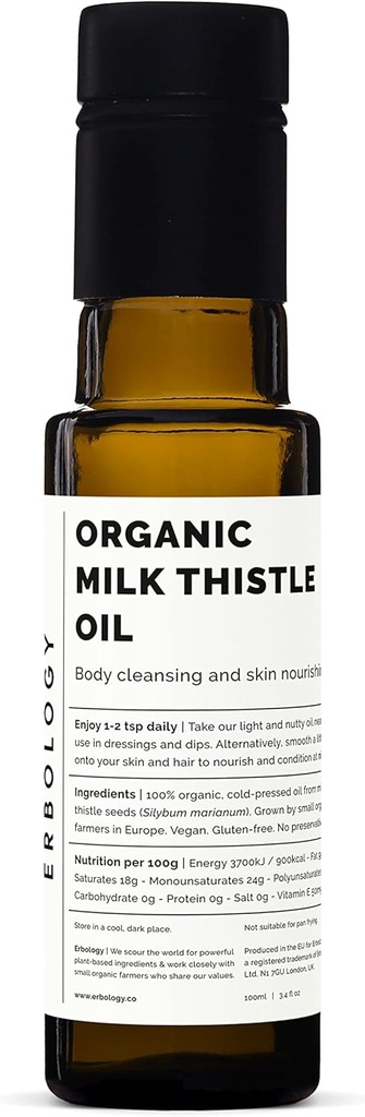 Erbologie Huile de chardon de lait biologique 3,4 fl oz - pressé à froid - riche en vitamine E - détoxifiant - tout droit de la ferme - non OGM - aucun additif ou conservateur - bouteille en verre recyclable