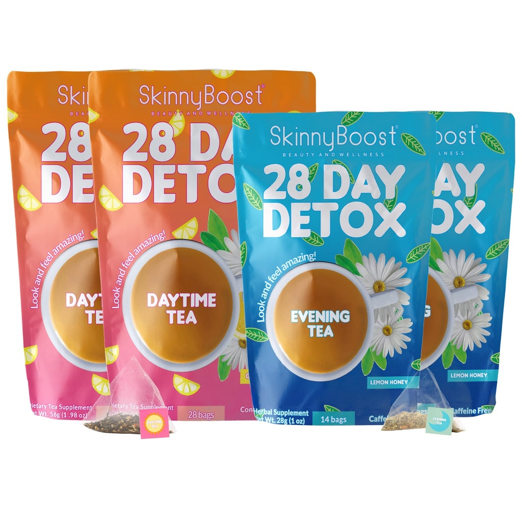 Skinny Boost Detox Tea Kit – 4 PACK - 2 Tage Tee (56 Taschen) 2- Abendtee (28 Taschen) – Kräutertee für Gewicht, Metabolismus, Energie, Bloating & Colon Cleanse – Grüner Tee, Vegan, Keto, Non-GMO, Sugar-Free