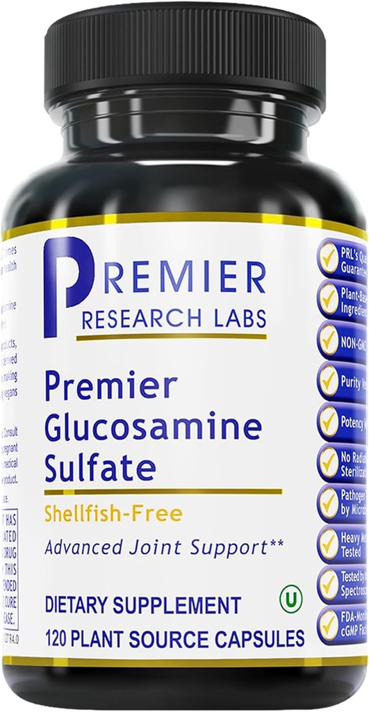 Premier Laboratoires de recherche Sulfate de glucosamine - Glucosamine sans mollusques Capsules de sulfate de glucosamine pour le soutien conjoint, la santé des tissus conjonctifs, 750 mg par portion, respectueux des végétaux - 120 Capsules végétariennes