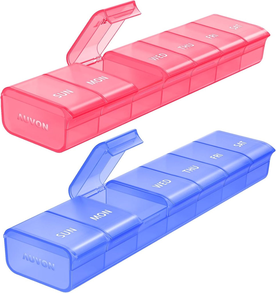 AUVON 2 Pack d'Organisateur hebdomadaire de pilules, ensemble double couleur de grande pilule pour le suivi de pilules multiples, boîte à pilules 7 jours pour le voyage, contenant de pilules pour usage à domicile pour tenir des vitamines, suppléments, médicaments