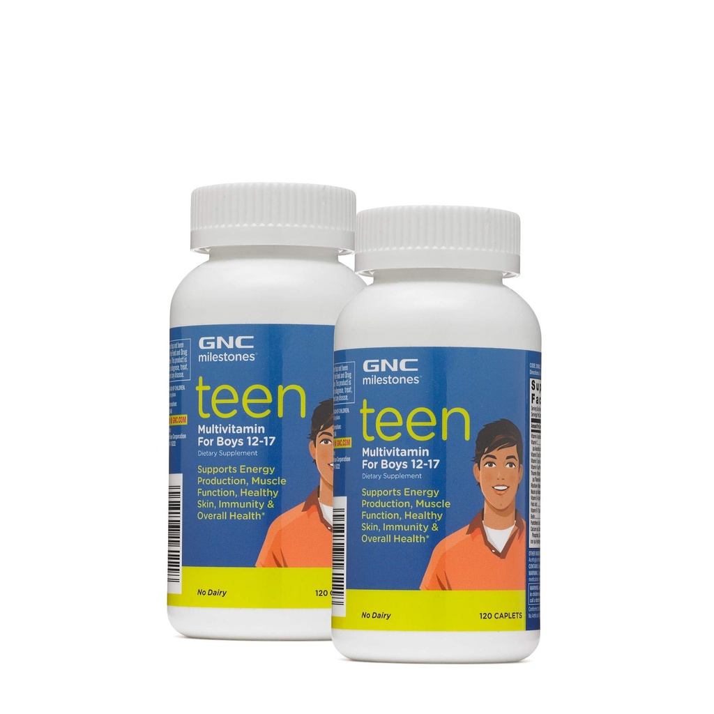 GNC Milestones Teen Multivitamin pour les garçons 12-17, Twin Pack, 120 Caplets par bouteille, supporte la production d'énergie et la fonction musculaire