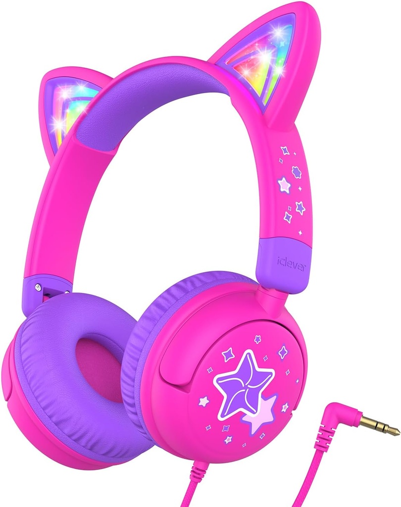 iClever Casques pour enfants Oreille de chat, LED Light Up, 85dBA Safe Volume, Stereo Sound Casques pour enfants pour l'école de voyage, pliable 3.5mm casque pour enfants filaire pour tablettes iPad, Meow Lollipop-Hot rose
