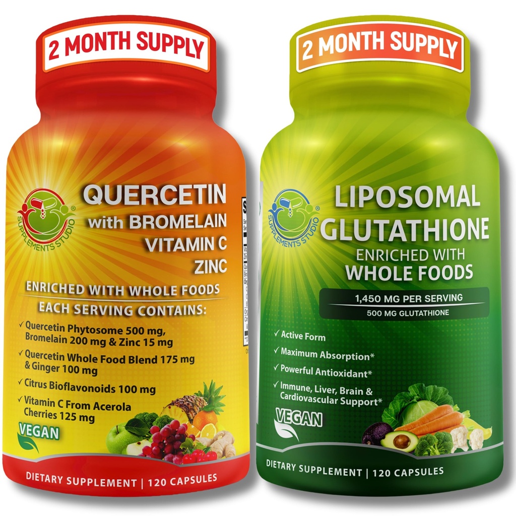 Immun- & Cellular Support Bundle – Liposomale Glutathione 500mg mit Ganzes Essen & Quercetin mit Bromelain, Vitamin C und Zink Ganzes Lebensmittel-Komplex – Vegan, Non-GMO, Clean Daily Wellness Support
