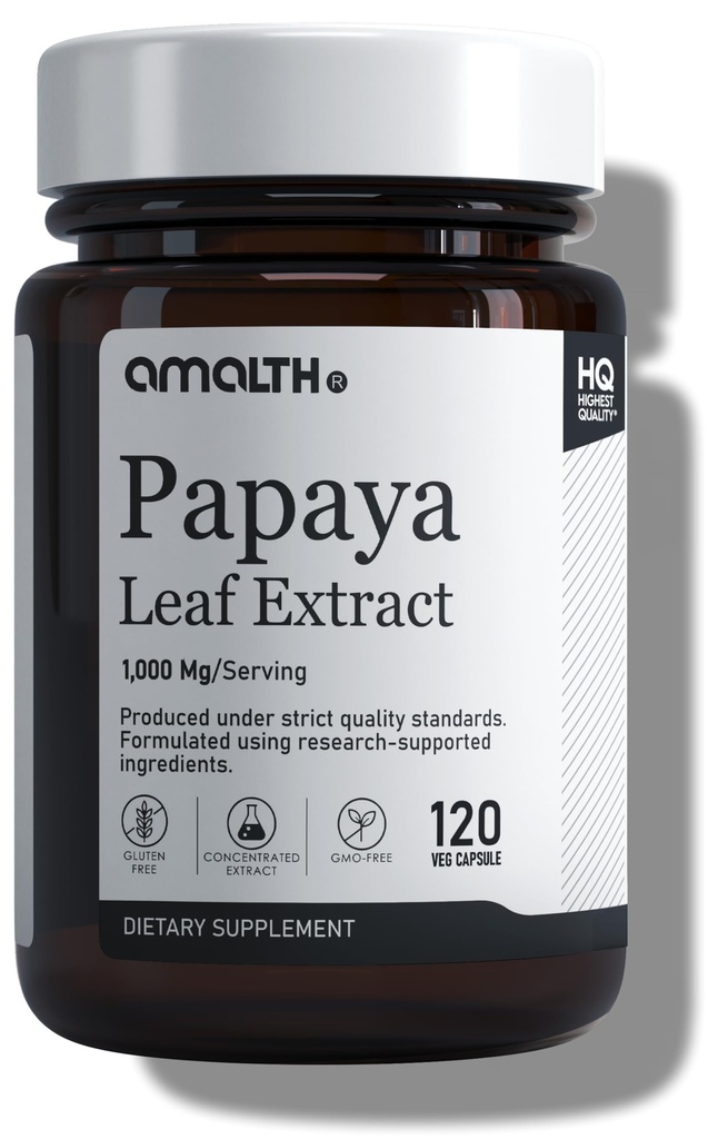Papaya Blatt Extrakt Verdauungsenzyme 1000mg,10x Potency 120 Veg Kapseln- Blutplättchen, Knochen Marrow & Spleen Unterstützung, Verdauungs- und Immunitätsunterstützung Entwickelt in den USA von Amalth