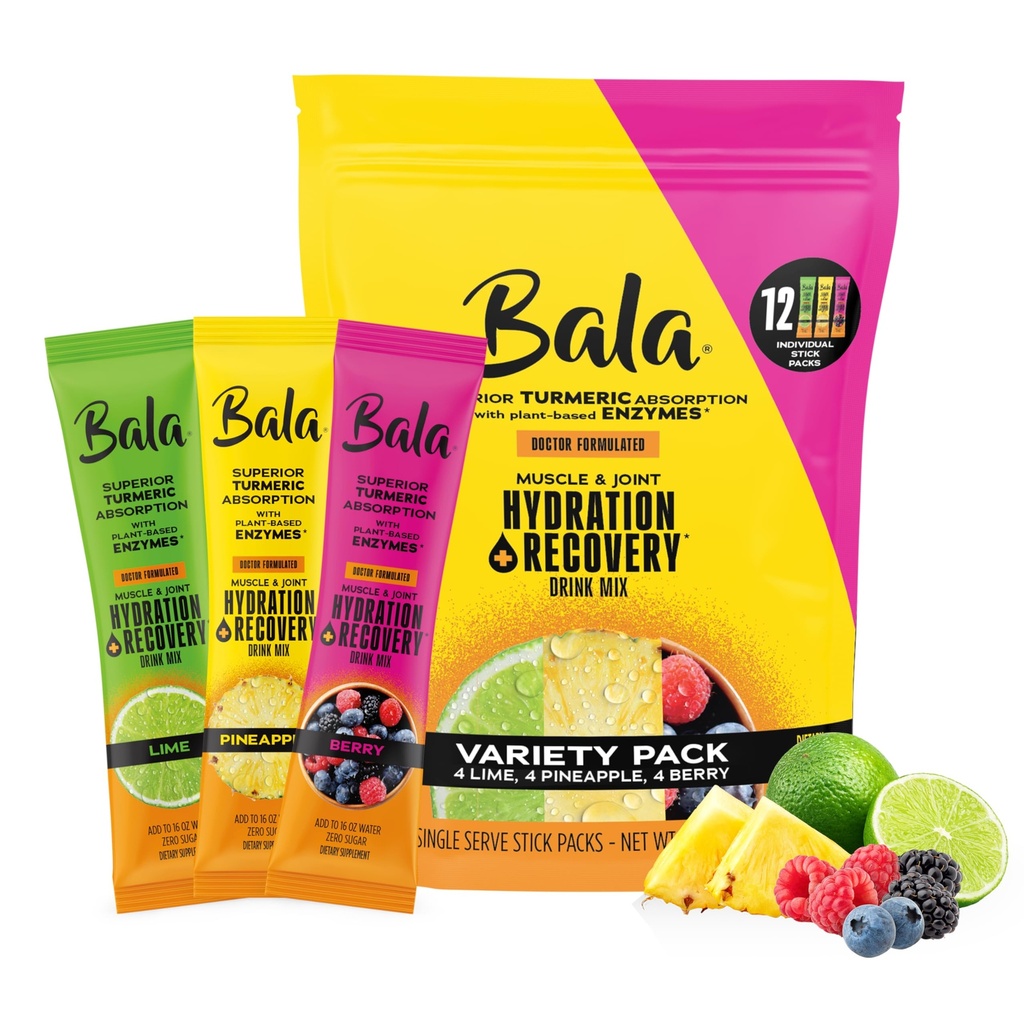 Mélange d'hydratation enzymatique Bala et de boisson sans sucre - curcuma, bromelain, papaine - Immunité, mobilité - Pack de variétés 0,25oz (12 Compte)