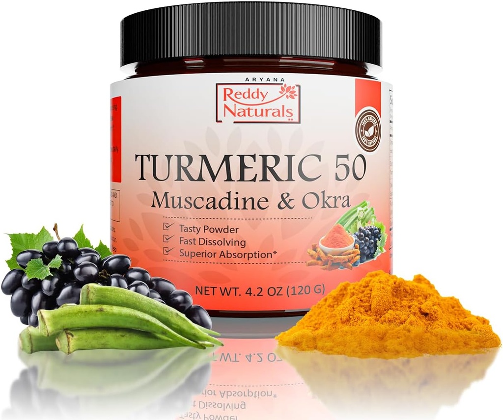 Reddy Naturals Aryana Turmeric 50 – Poudre de supplément curcuma biologique avec du raisin muscadine et de l'okra – Formule à dissolution rapide, à base végétale pour le bien-être quotidien – 30 portions