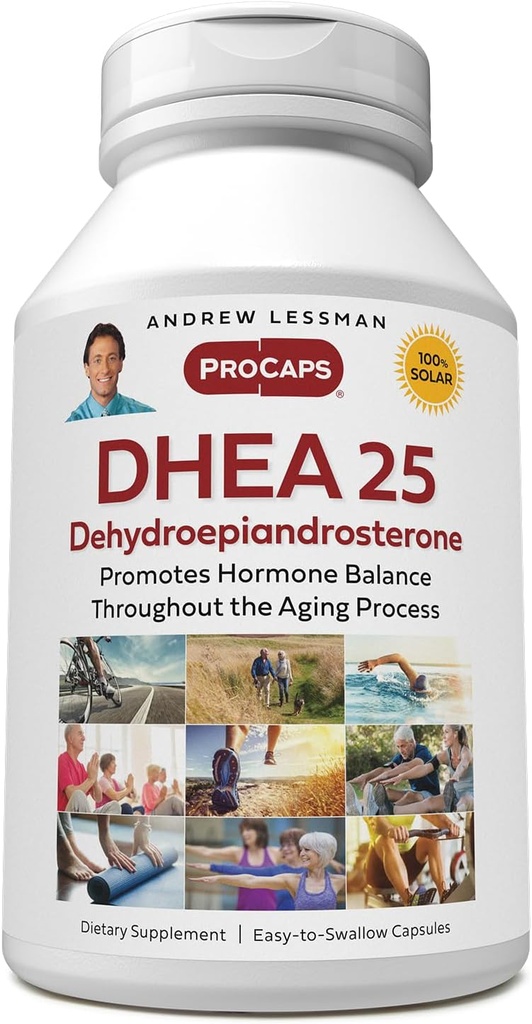 ANDREW LESSMAN DHEA 25 mg - 240 Capsules - L'hormone la plus abondante dans le corps-Déhydroépiandrostérone (DHEA). Soutient la synthèse des hormones saines, le métabolisme, l'équilibre. Aucun additif