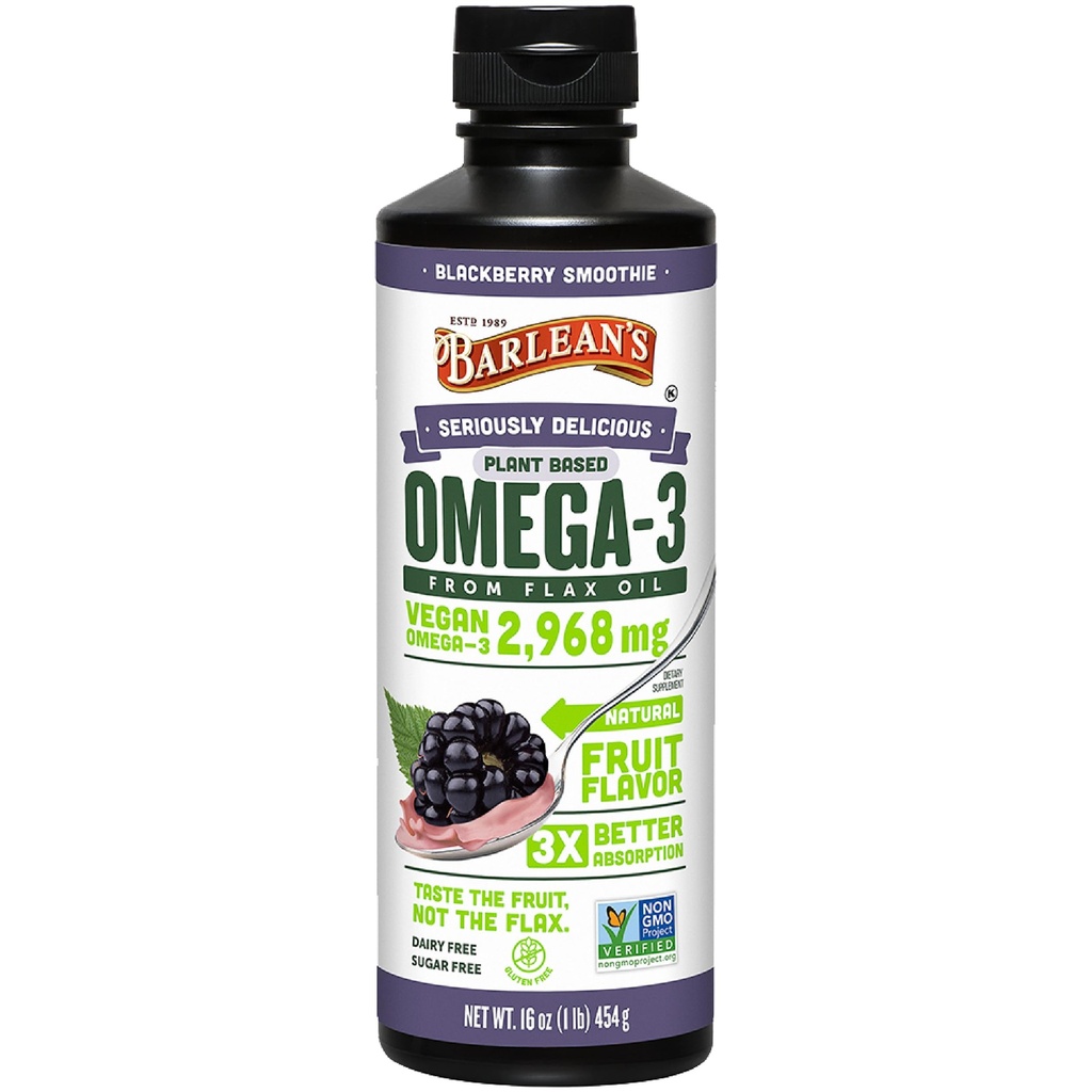Barlean's Vegan Omega 3 6 9 Flaxseed Oil Liquid Supplement, BlackBerry Smoothie, Flax Seed Oil, 2,968 mg ALA Fettsäure, Non-GMO und Gluten frei, 16 oz