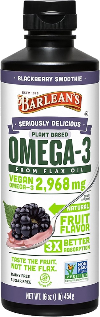 Barlean's Vegan Omega 3 6 9 Flaxseed Oil Liquid Supplement, BlackBerry Smoothie, Flax Seed Oil, 2,968 mg ALA Fatty Acid, Non-GMO and Gluten Free, 16 oz