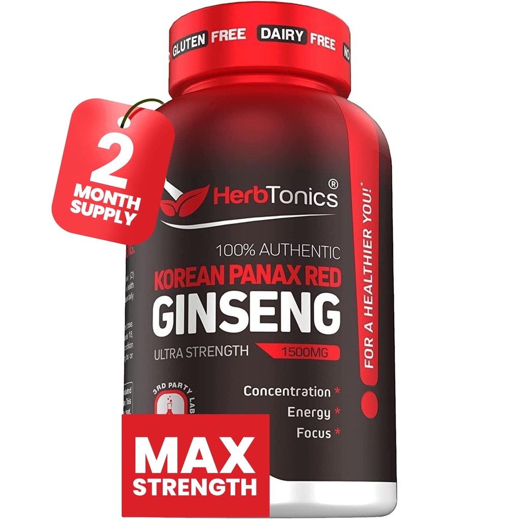 Herbtonics Korean Red Panax Ginseng 1500mg - Energieergänzung für Spitzenleistung, Fokus & Vitalität - High Potency Ginseng Root Extract - 120 Vegan Capsules