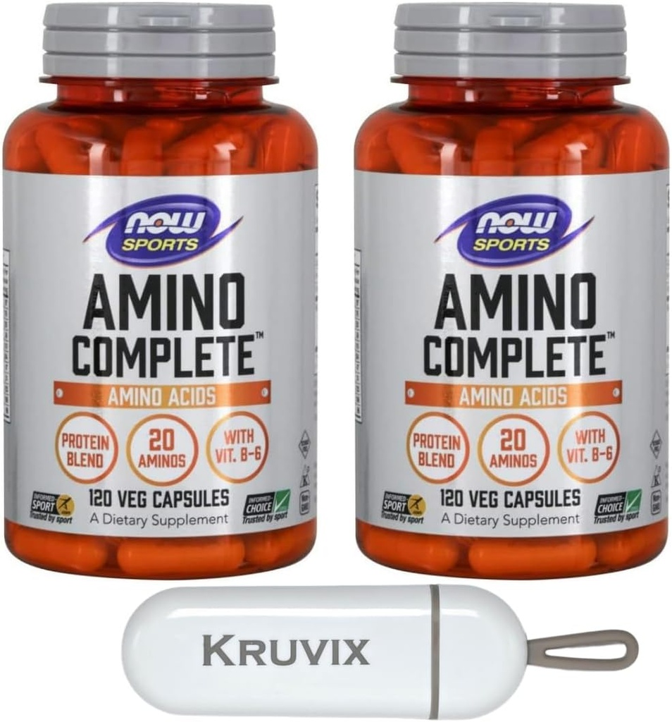 NOW Foods Sports Nutrition, Amino CompleteTM | Protein Blend mit 21 Aminos und B-6 | 120 Veg Kapseln - Paket von 2 mit Pill Organizer