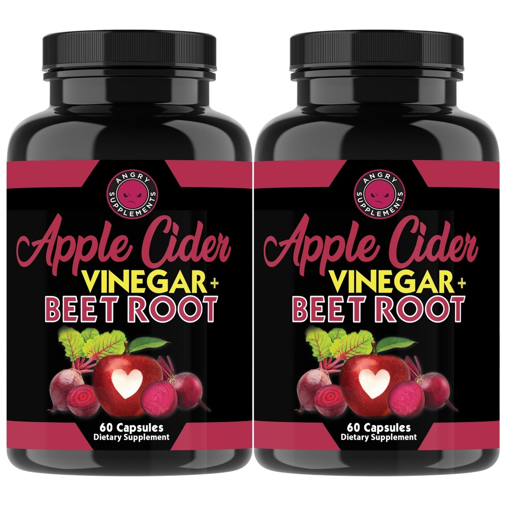Angry Ergänzungen Apfel Apfel Apfel Apfelessig + Rüben Wurzelpulver Kapseln, reine ACV Beetroot 1000mg pro Servieren, Nitric Oxid Booster & Digestive Gesundheit für Männer und Frauen 60ct, 2 Pack (120 insgesamt)