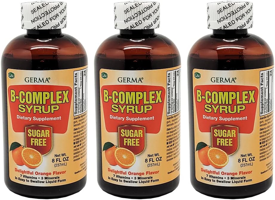 Germa B-Komplex Syrup. Nahrungsergänzung. Bone Health, Growth and Development Aid. Zuckerfrei. Orange Flavor. 8 Unzen. Pack von 3