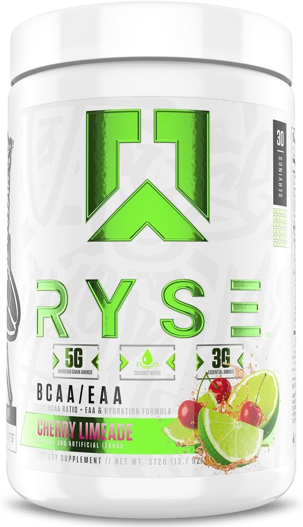 RYSE BCAA Poudre EAA - Limeade de cerise - 5g Acides aminés à chaîne ramifiée, 3g Aminos essentiels, électrolytes sans sucre pour la récupération musculaire, l'hydratation et la force avant et après l'entraînement - 30 portions
