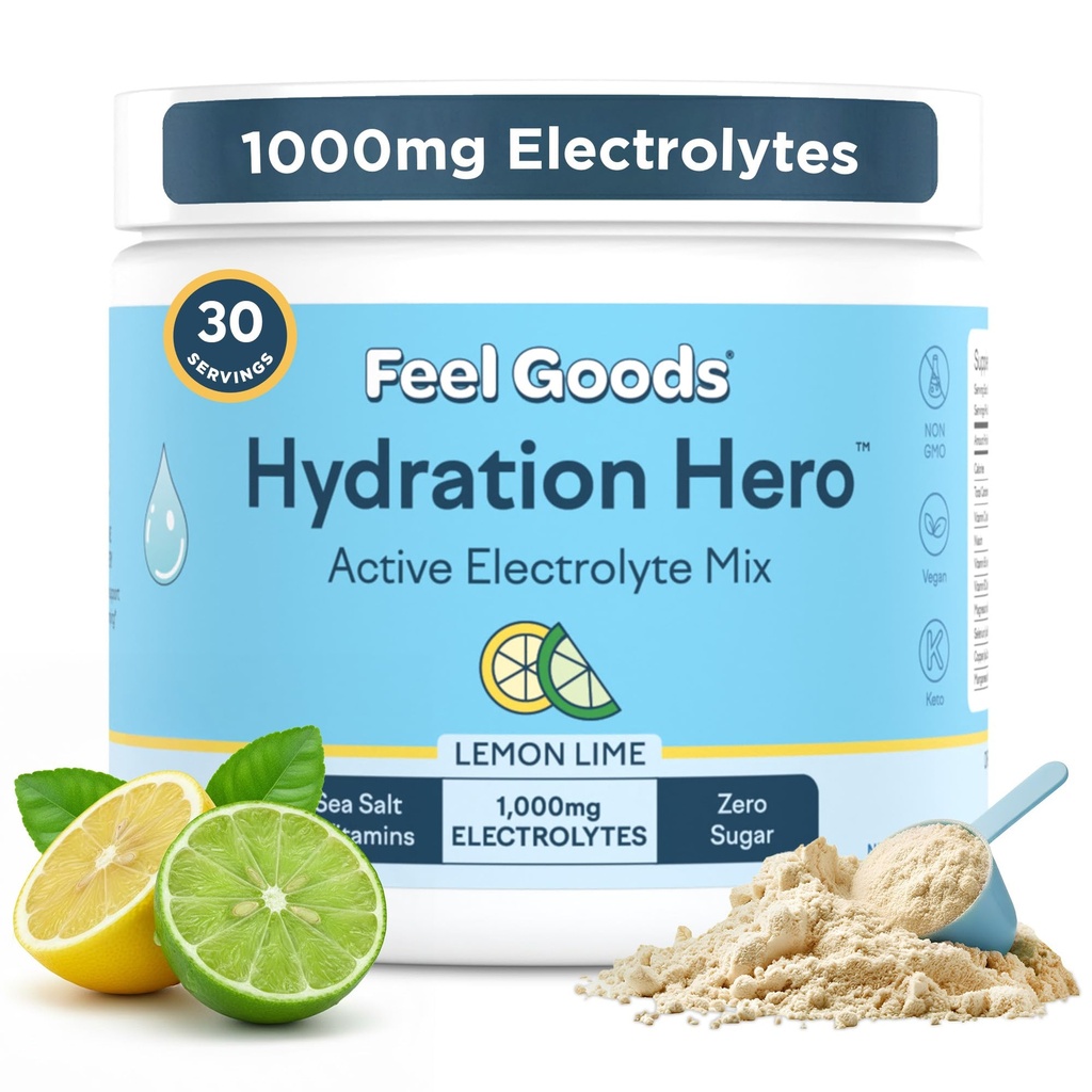 Feel Goods Hydration Hero, 1000mg Elektrolyte Pulver, Zuckerfrei, Magnesium, Bio Aloe Vera, Bio Aloe, L Theanin, Vitamin C & B12, Non GMO, Keto, Vegan | Lemon Lime, 30 Servierungen