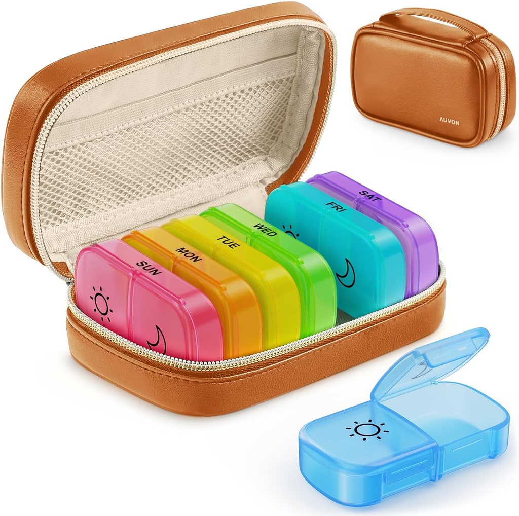AUVON Weekly Pill Organizer 2 Mal am Tag mit PU-Leder-Tasche, Reisen AM PM Pille Box 7 Tag mit ein-Side große Öffnung Design für einfache Füllung, Tragbare Pille Fall für Vitamine, Medikamente, Ergänzungen