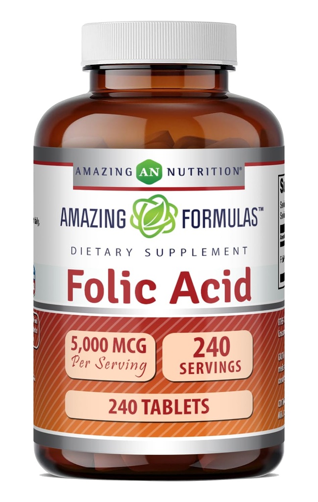 Erstaunliche Formeln Folic Acid Supplement | 5000 Mcg | Tablets | Non-GMO | Gluten Free | Made in USA (240 Count)