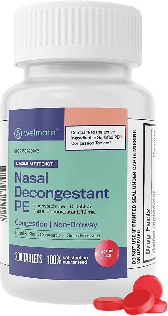 WELMATE - Nasal Degongestant PE - Phénylephrine HCl 10 mg - Force maximale - Soulagement du sinus - pour le rhume et les allergies - Non somnolence - Antihistamine - Soulagement de la douleur - Décongestionnants pour adultes - 200 comprimés