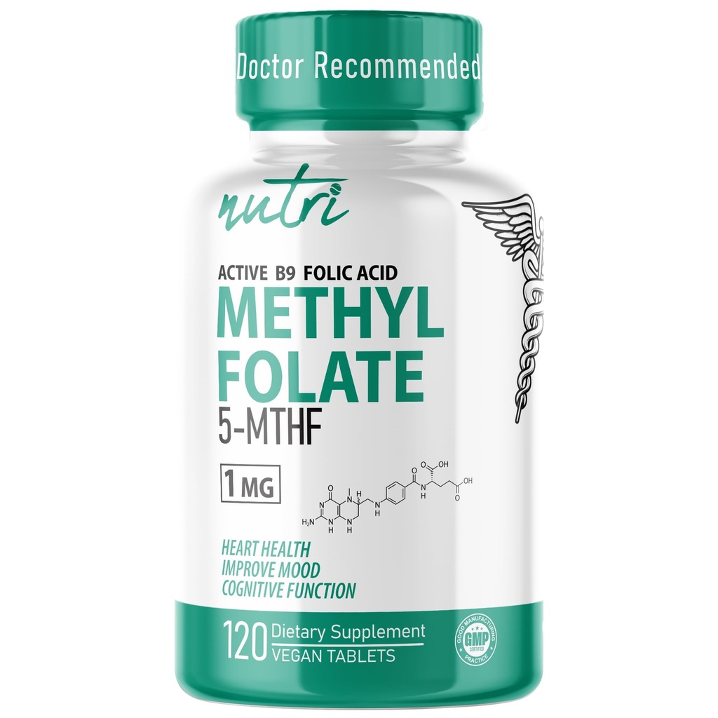 Nutri 5-MTHF L Methylfolat 1MG - 4-Monats-Versorgung, 120 vegane Tabletten - Methylated Folat Supplement - Kognitive Funktion, Herzgesundheit, pränatale Unterstützung - 3rd Party Tested - NSF Certified Facility