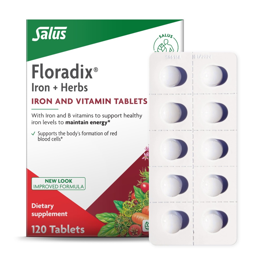 Floradix Eisen Tabletten - Eisen Ergänzung mit B Vitamine, Folsäure, Vitamin C & More - Energieunterstützung - Vegetarisch & Glutenfrei - 120 Tabletten (120 Servietten)