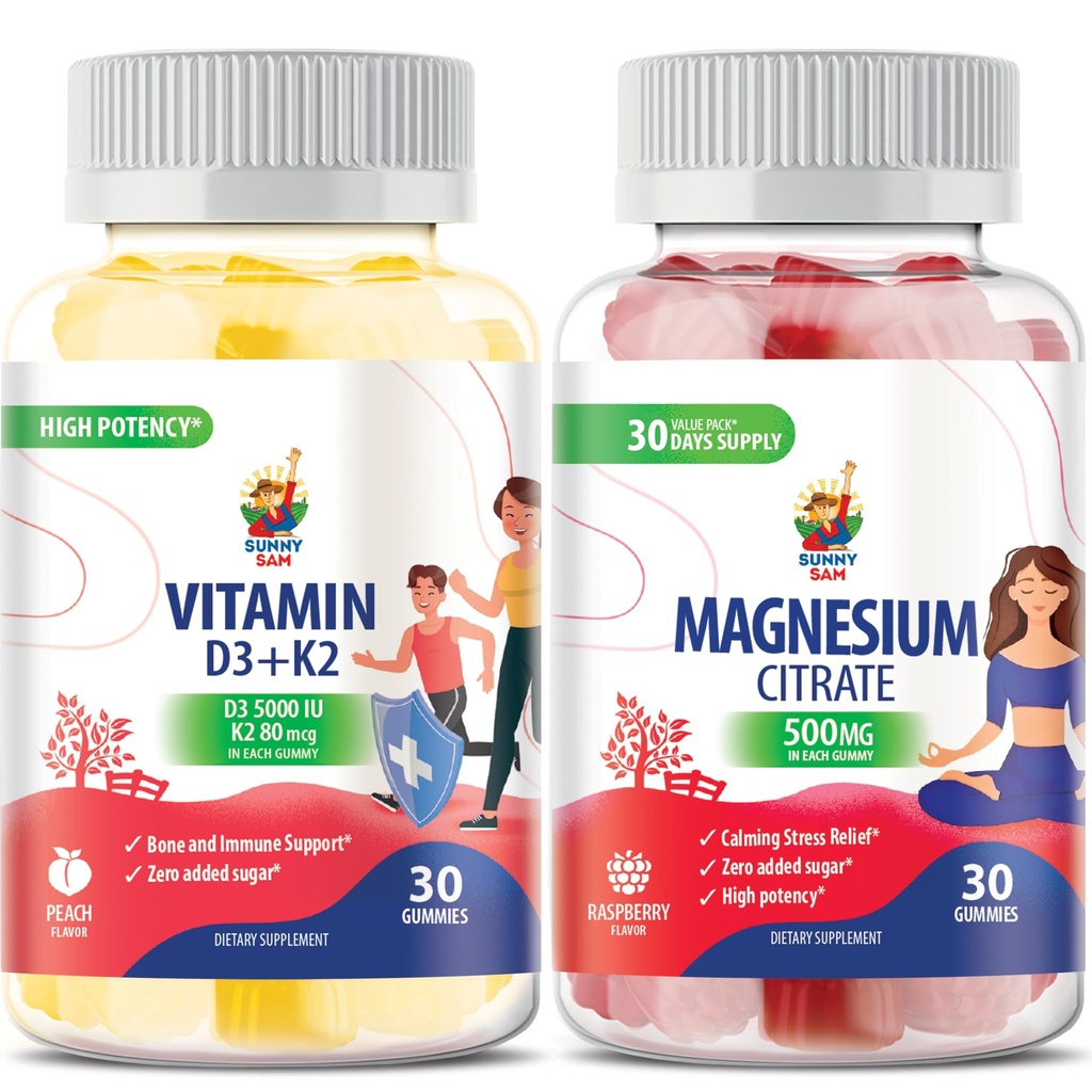 Magnesiumgummis für Kinder & Erwachsene - 500mg und Vitamin D3 K2 Gummie 5000 IU. Calm Magnesium Kauen - Magnesium Citrat Kaubare Ergänzung für Mood & Muskelunterstützung